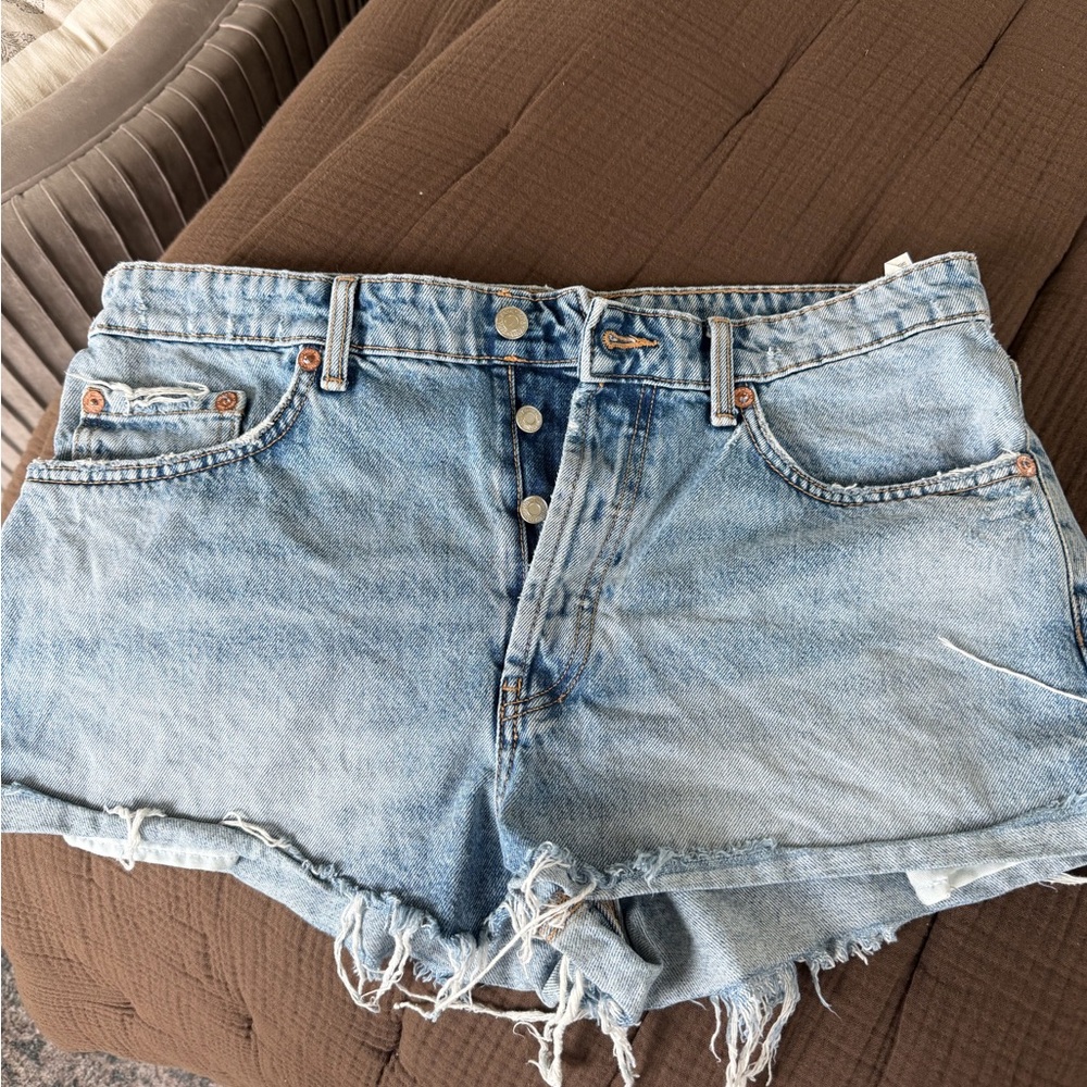 Zara Light Blue Distressed Denim Shorts